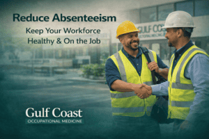 Two construction workers in safety vests and helmets shaking hands outside, emphasizing occupational health and reducing absenteeism in the workplace.