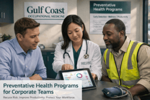 Corporate team health screening with medical professional and technology for preventative health programs. Focus on early detection, wellness, and productivity.