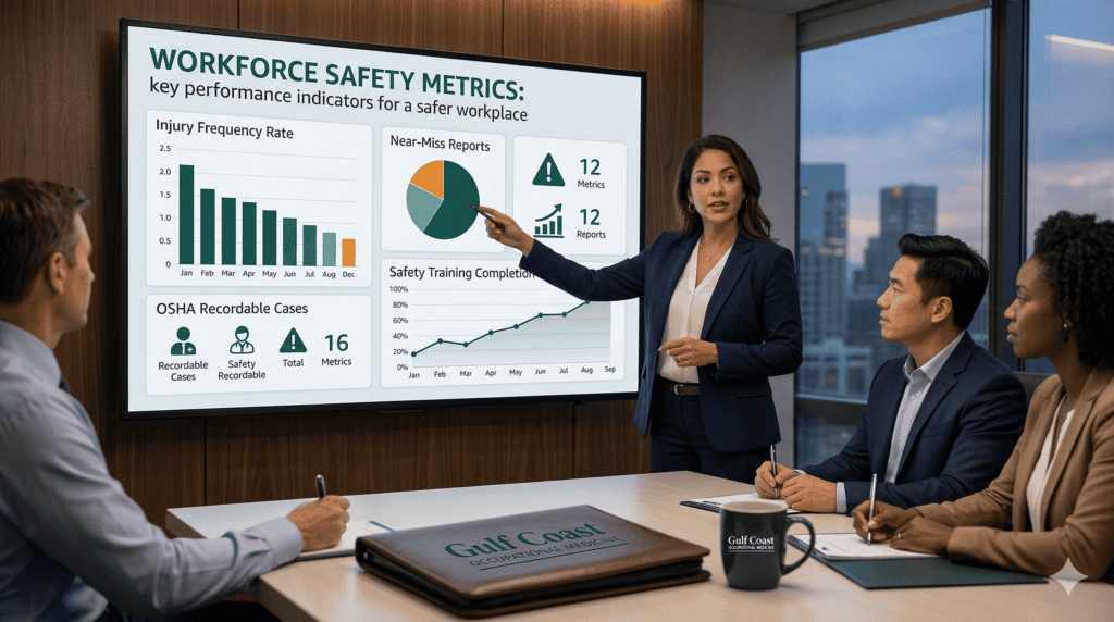 Businesswoman presenting workforce safety metrics on a large screen during a corporate meeting, emphasizing key performance indicators for workplace safety.
