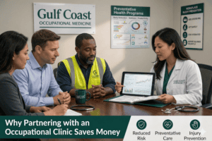 A team of occupational health experts at Gulf Coast Occupational Medicine providing injury prevention strategies to employees, emphasizing cost-effective healthcare solutions.