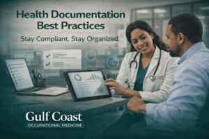 Healthcare professionals reviewing workplace health documentation on a tablet, emphasizing best practices for compliance and organization in occupational medicine.