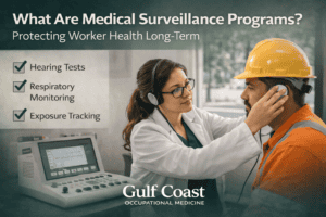 Occupational health screening for workers including hearing tests, respiratory monitoring, and exposure tracking to ensure long-term health and safety.
