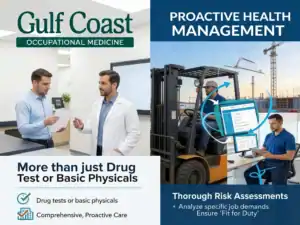 Gulf Coast Occupational Medicine promotional graphic showing a doctor reviewing paperwork with a patient and a worker operating a forklift, highlighting proactive health management, comprehensive care beyond drug tests and basic physicals, and thorough risk assessments to ensure employees are fit for duty.