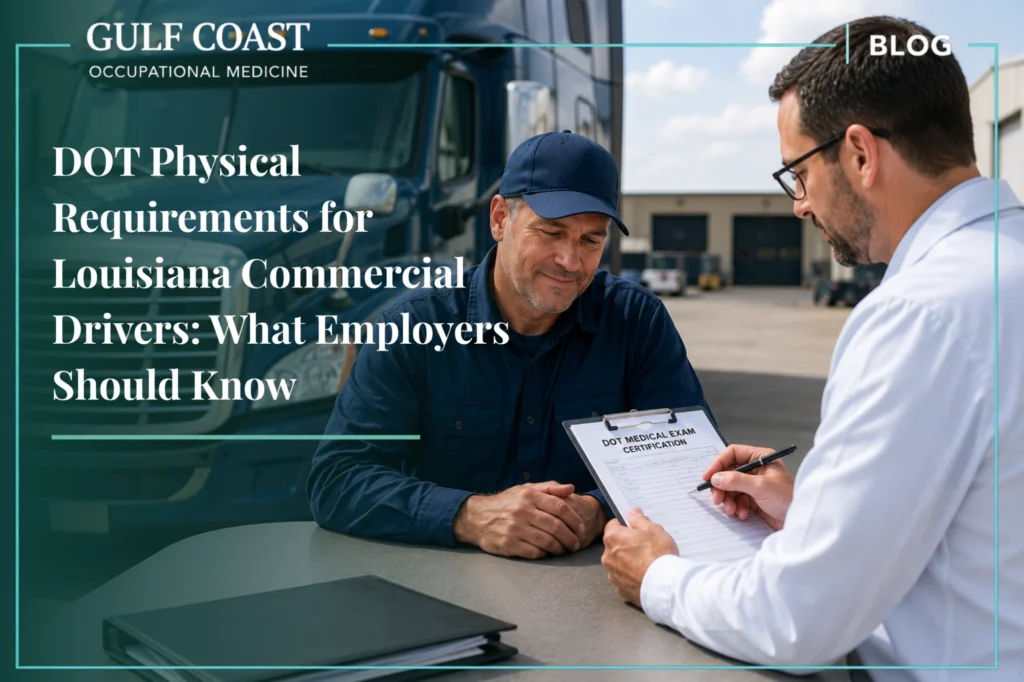 Professional medical examiner conducting a DOT physical certification review with a commercial truck driver beside a blue semi-truck in an industrial Louisiana transportation setting.