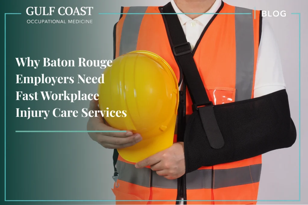 Injured construction worker wearing an orange safety vest and arm sling holding a yellow hard hat for a Gulf Coast Occupational Medicine blog about fast workplace injury care services in Baton Rouge LA.