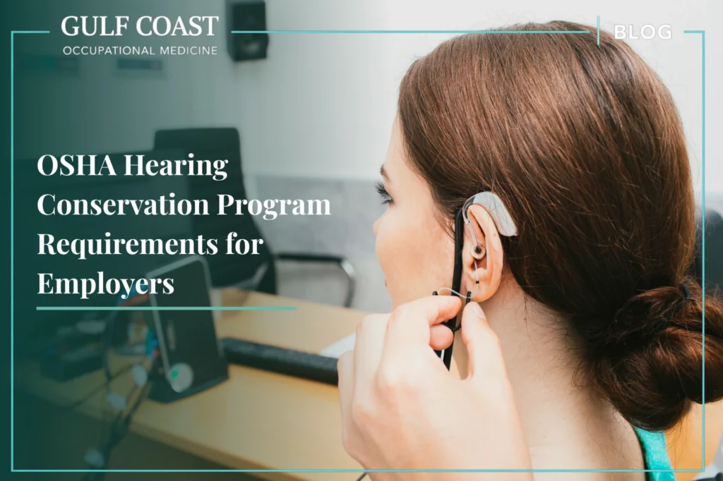 Woman undergoing occupational hearing test during OSHA audiometric screening for workplace hearing conservation compliance.