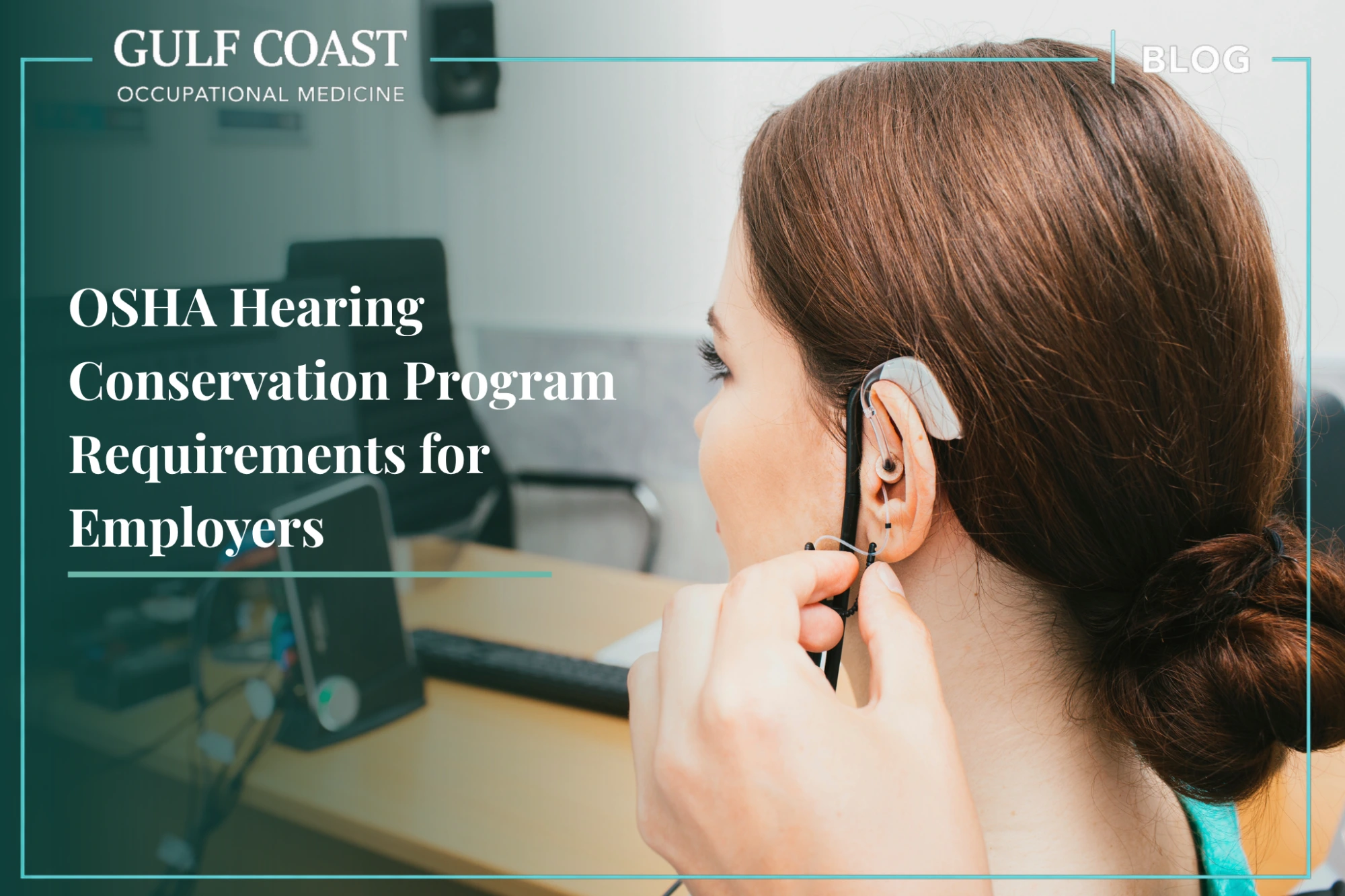 Woman undergoing occupational hearing test during OSHA audiometric screening for workplace hearing conservation compliance.