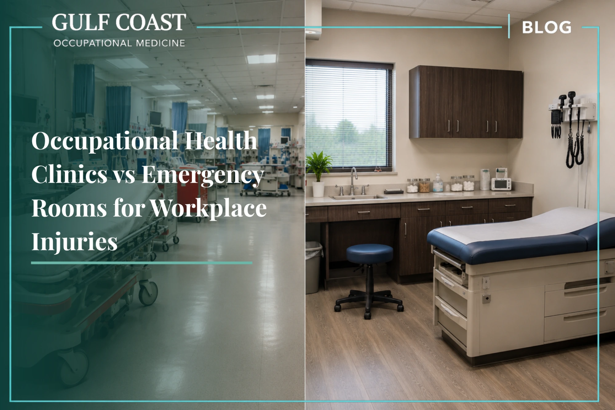 Side-by-side comparison of a busy hospital emergency room and a clean occupational health clinic exam room used for workplace injury treatment and employee medical care.