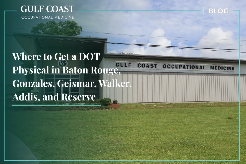 Exterior view of Gulf Coast Occupational Medicine's modern medical facility featuring a large metal building, main entrance with glass doors, landscaped grounds, and prominent company signage on the front of the building.