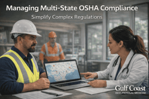 Professionals discussing OSHA compliance strategies with a laptop showing a map, emphasizing multi-state regulation management for occupational safety.