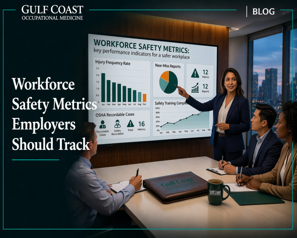 Workplace safety metrics presentation at dusk