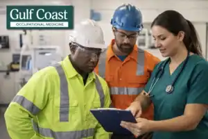 Gulf Coast Occupational Medicine image showing a healthcare professional reviewing a clipboard with two construction workers wearing safety gear, highlighting workplace health assessments and employee safety.