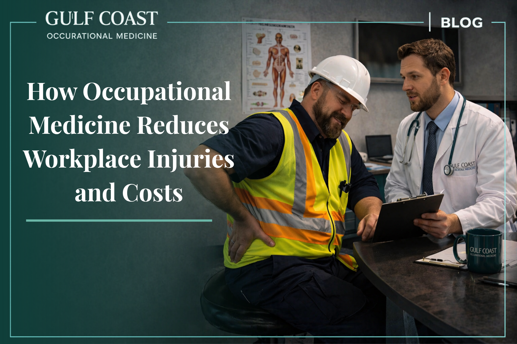 Occupational medicine doctor consulting with an industrial worker about workplace injury prevention and reducing healthcare costs