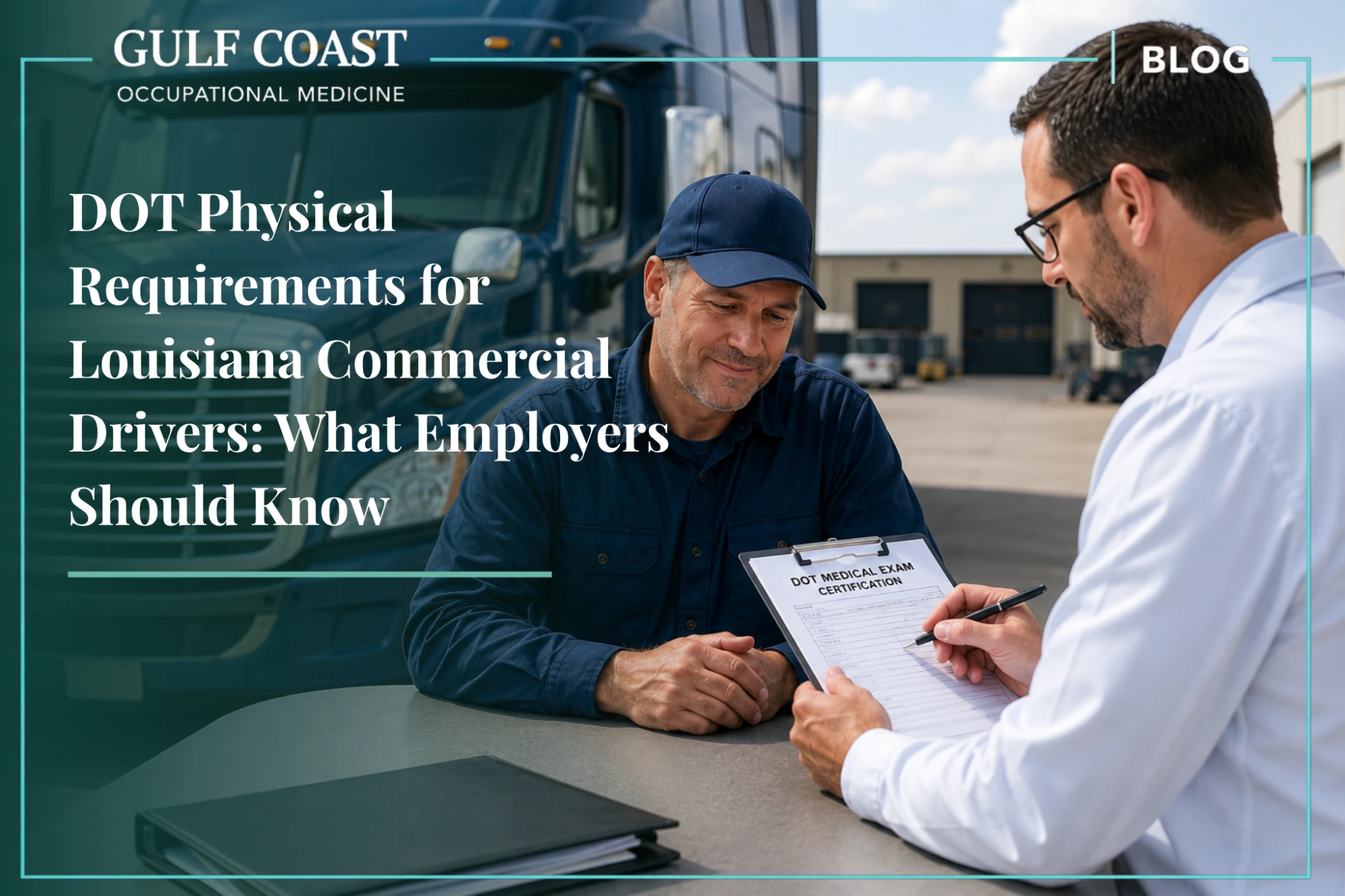 Professional medical examiner conducting a DOT physical certification review with a commercial truck driver beside a blue semi-truck in an industrial Louisiana transportation setting.