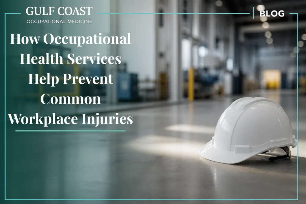 White hard hat on a warehouse floor representing workplace safety and occupational health services, featured in a Gulf Coast Occupational Medicine blog about preventing common workplace injuries.