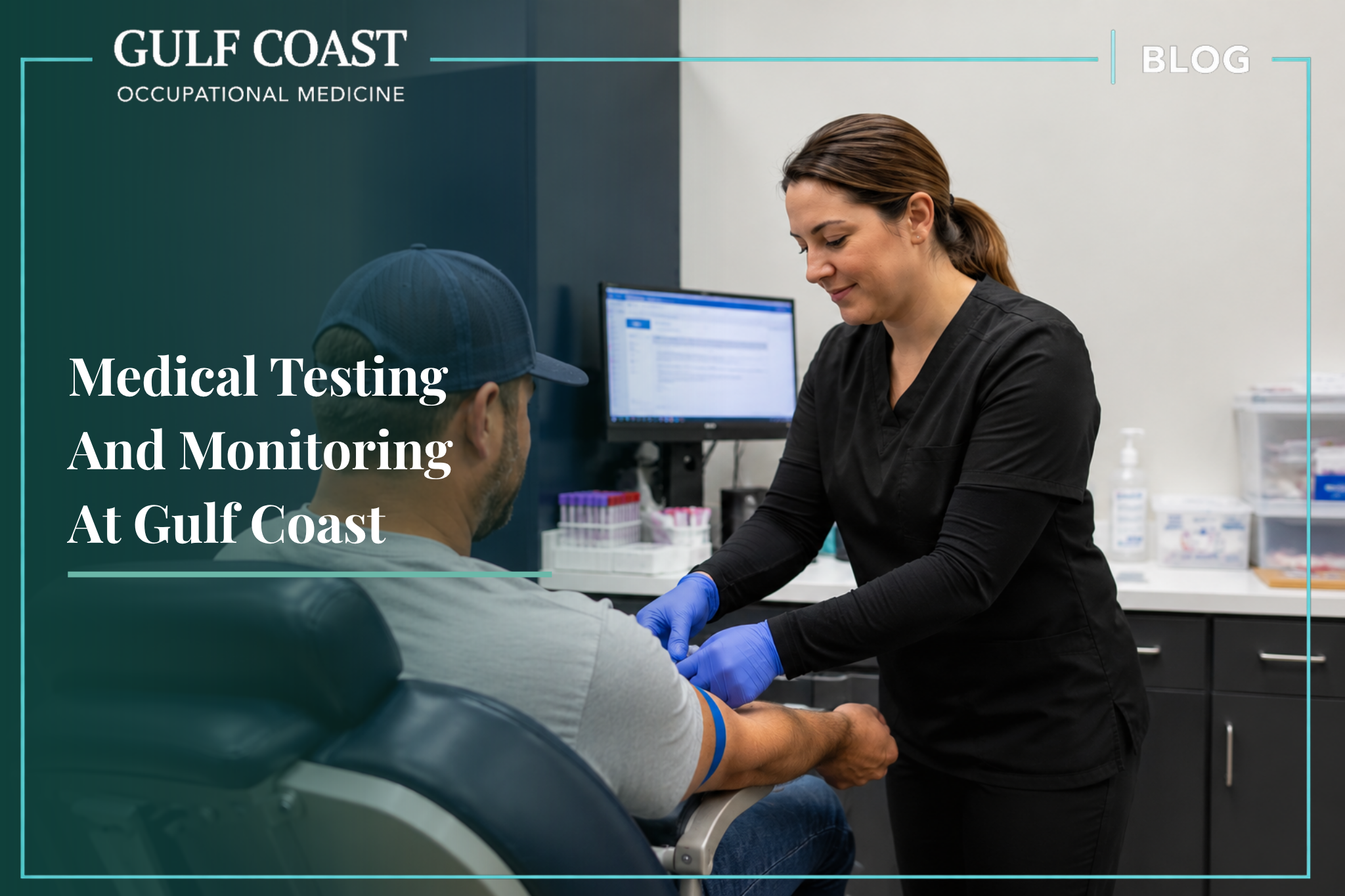 Medical professional performing a blood draw for a patient in a modern occupational health clinic with clean medical equipment and a professional healthcare setting.