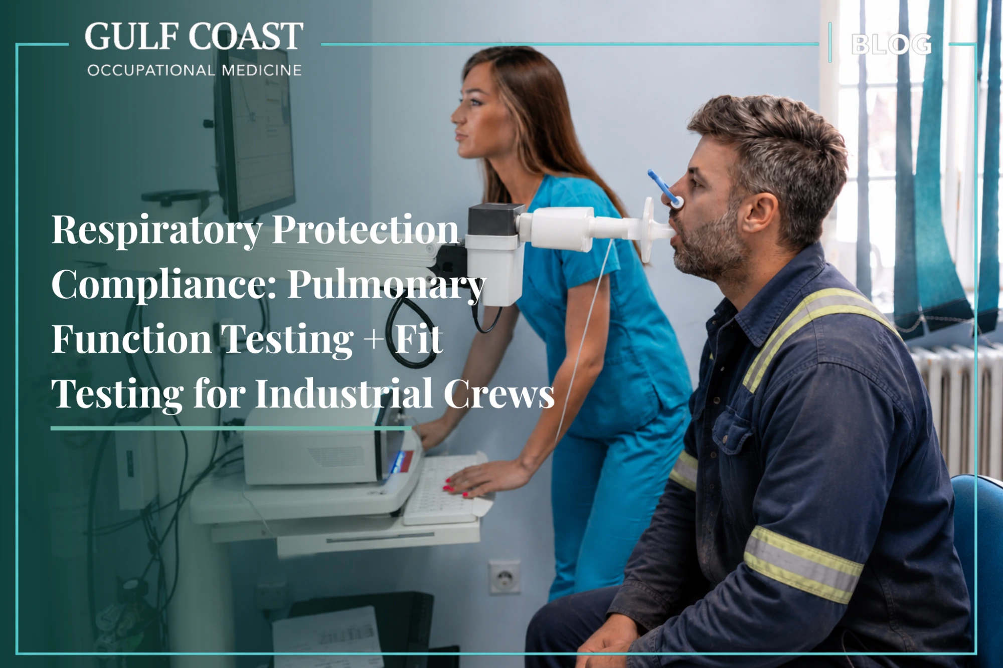 Industrial worker undergoing pulmonary function testing with a medical technician in a professional occupational health clinic for OSHA respiratory compliance evaluation.