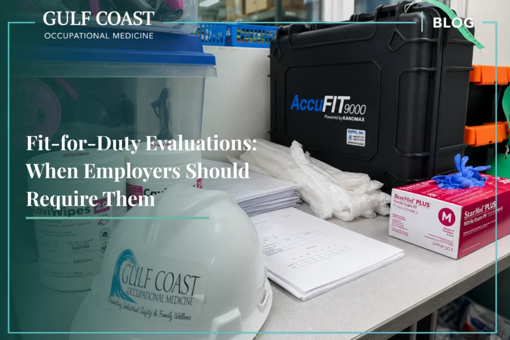 Fit-for-duty evaluation equipment and occupational health testing supplies used by Gulf Coast Occupational Medicine to assess employee readiness, workplace safety, and return-to-work compliance.