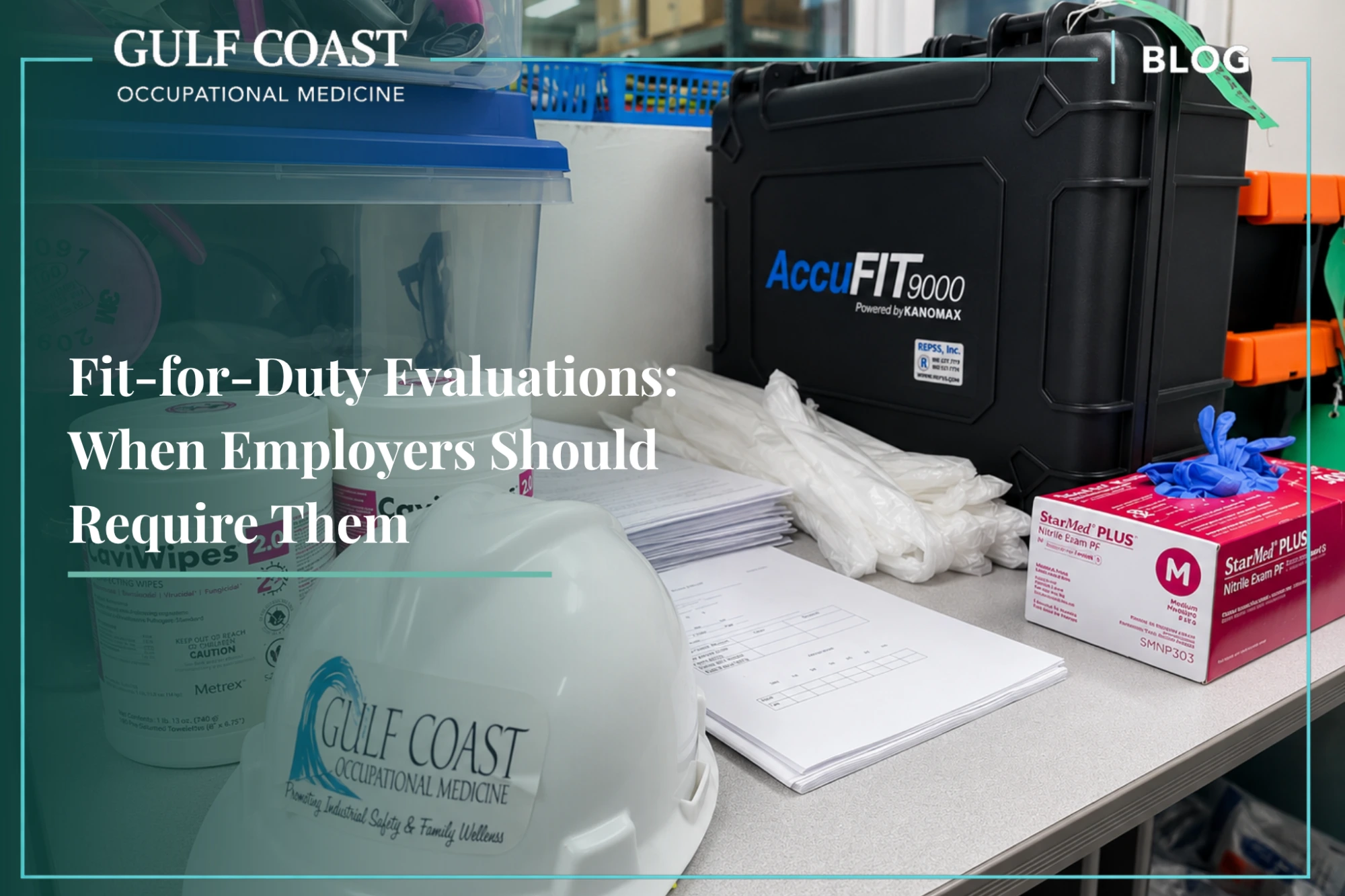 Fit-for-duty evaluation equipment and occupational health testing supplies used by Gulf Coast Occupational Medicine to assess employee readiness, workplace safety, and return-to-work compliance.