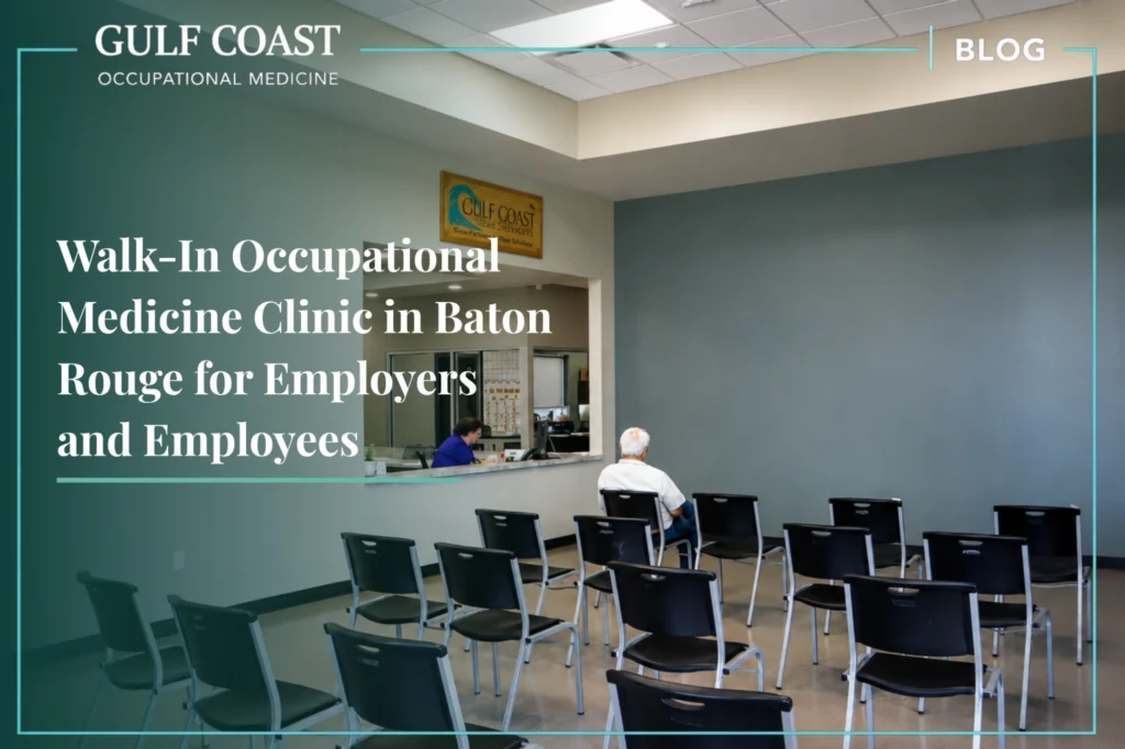 Modern walk-in occupational medicine clinic waiting area in Baton Rouge with reception desk and patient seating, providing convenient access to workplace injury treatment, DOT physicals, drug testing, employee health screenings, and occupational healthcare services for employers and employees.