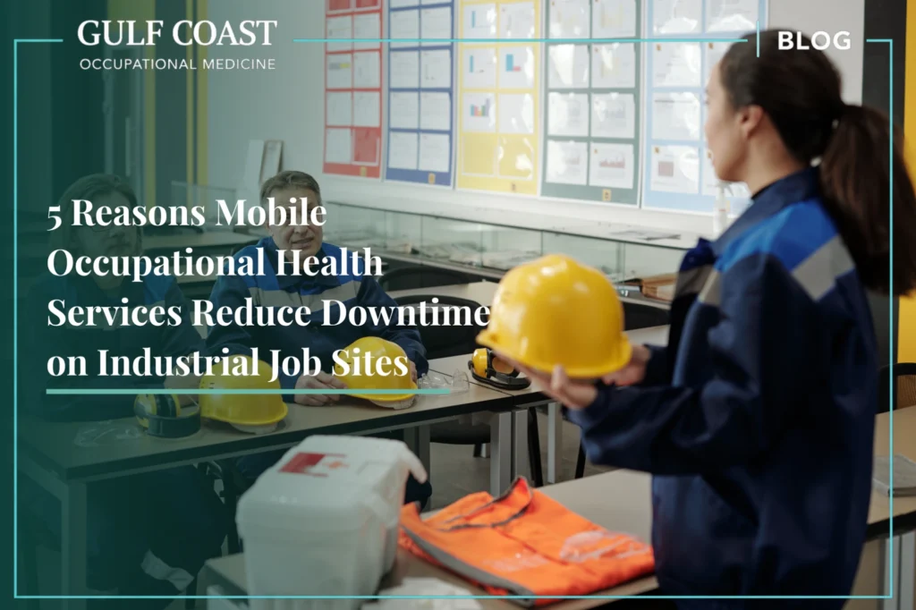 Industrial workers attend an occupational health and safety briefing with hard hats and PPE, showing how mobile occupational health reduces job-site downtime.