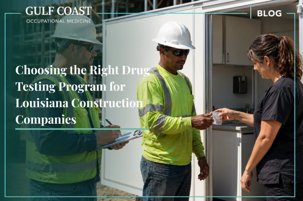 Construction drug testing at a Louisiana jobsite with workers completing an on-site occupational health screening.