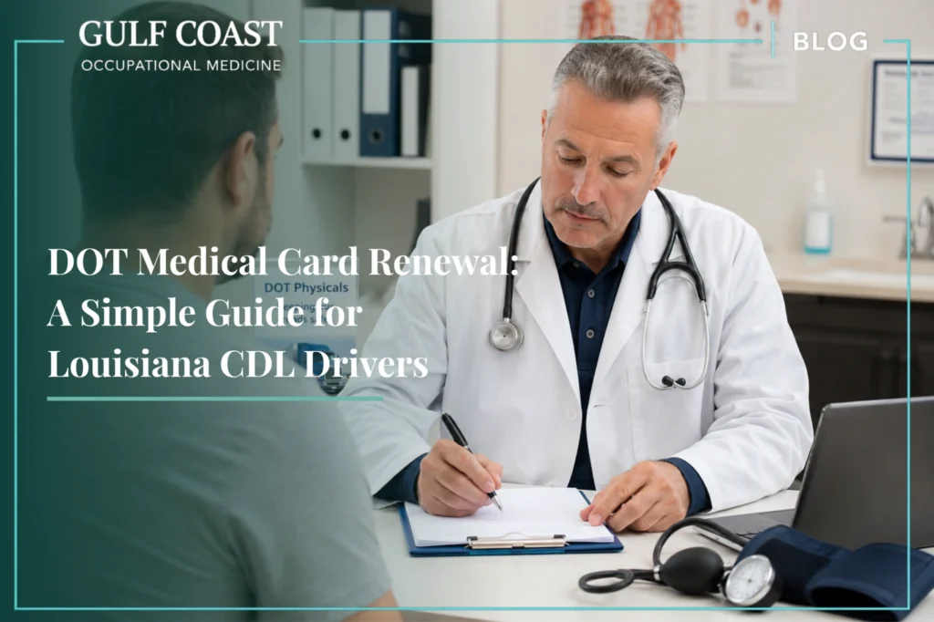 Certified medical examiner performing a DOT physical exam for a commercial driver in a Louisiana occupational health clinic, reviewing medical records and conducting a CDL medical certification evaluation to support DOT medical card renewal, FMCSA compliance, and safe commercial driving.