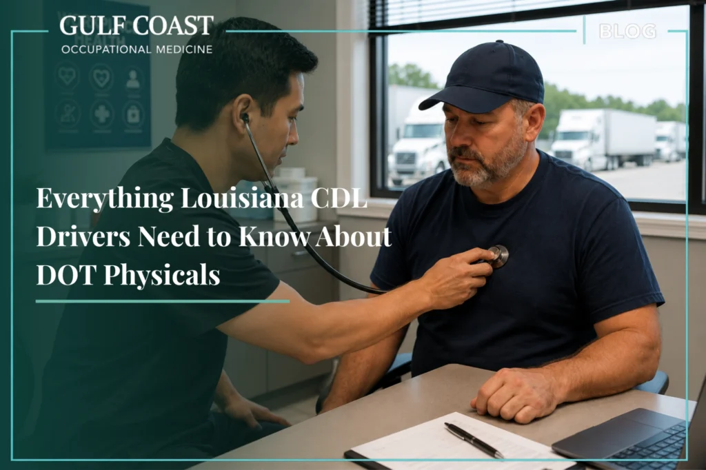 Certified medical examiner performing a DOT physical examination on a commercial truck driver at Gulf Coast Occupational Medicine in Baton Rouge, Louisiana, including a stethoscope heart assessment to support FMCSA medical certification and occupational health compliance.