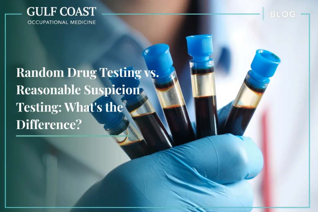 Laboratory professional holding multiple drug testing specimen tubes for workplace screening, illustrating the difference between random drug testing and reasonable suspicion testing for DOT and non-DOT employers, supporting workplace safety, regulatory compliance, and occupational health programs.
