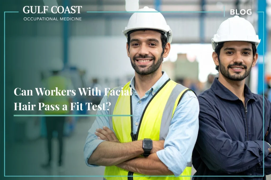 Two industrial workers with facial hair wearing hard hats and safety gear, illustrating workplace respirator fit testing and facial hair requirements.