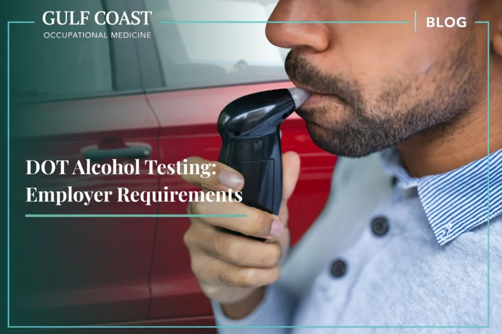 Commercial driver completing a DOT breath alcohol test beside a vehicle, illustrating employer alcohol testing requirements and workplace compliance procedures.