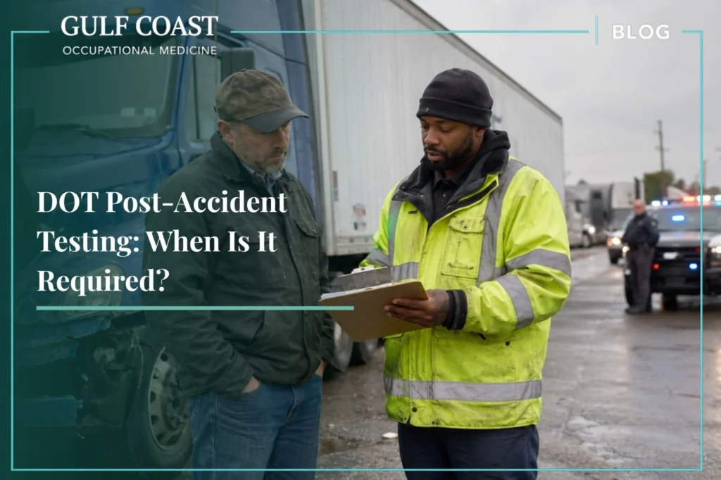 Commercial truck driver and safety manager reviewing post-accident documentation beside a damaged semi truck with emergency vehicles in the background.