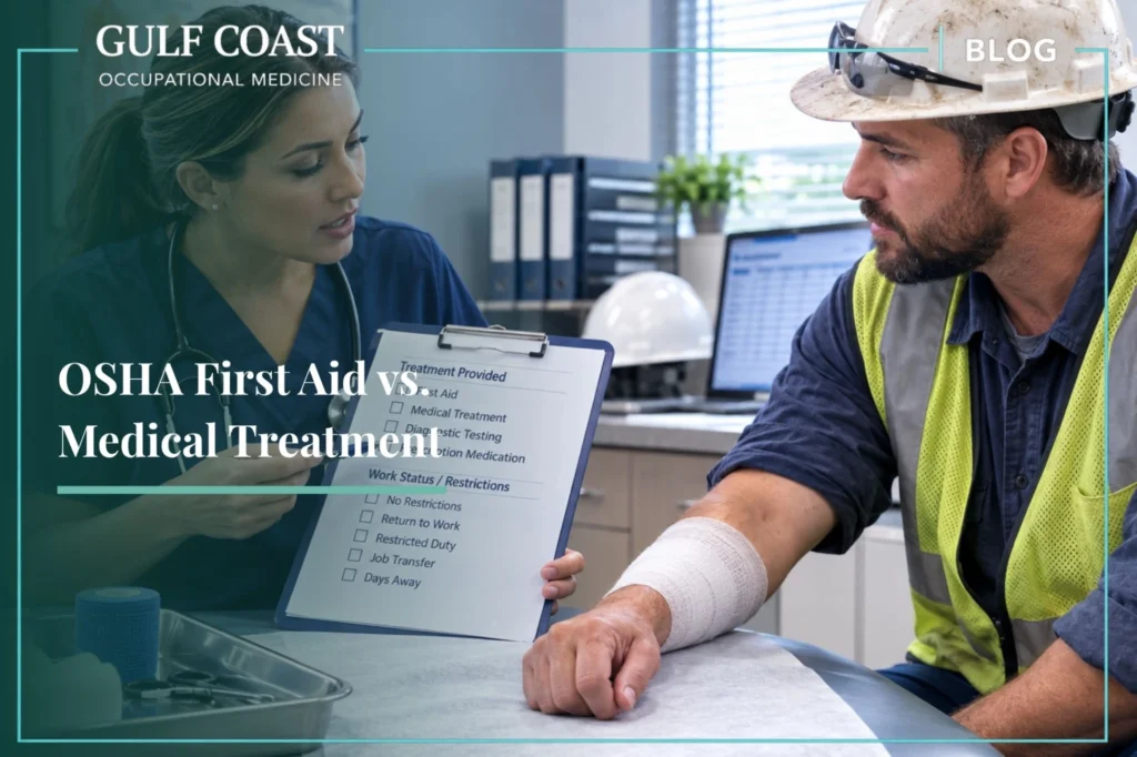 OSHA first aid versus medical treatment infographic comparing common workplace injury treatments and their OSHA recordkeeping classifications under Part 1904.