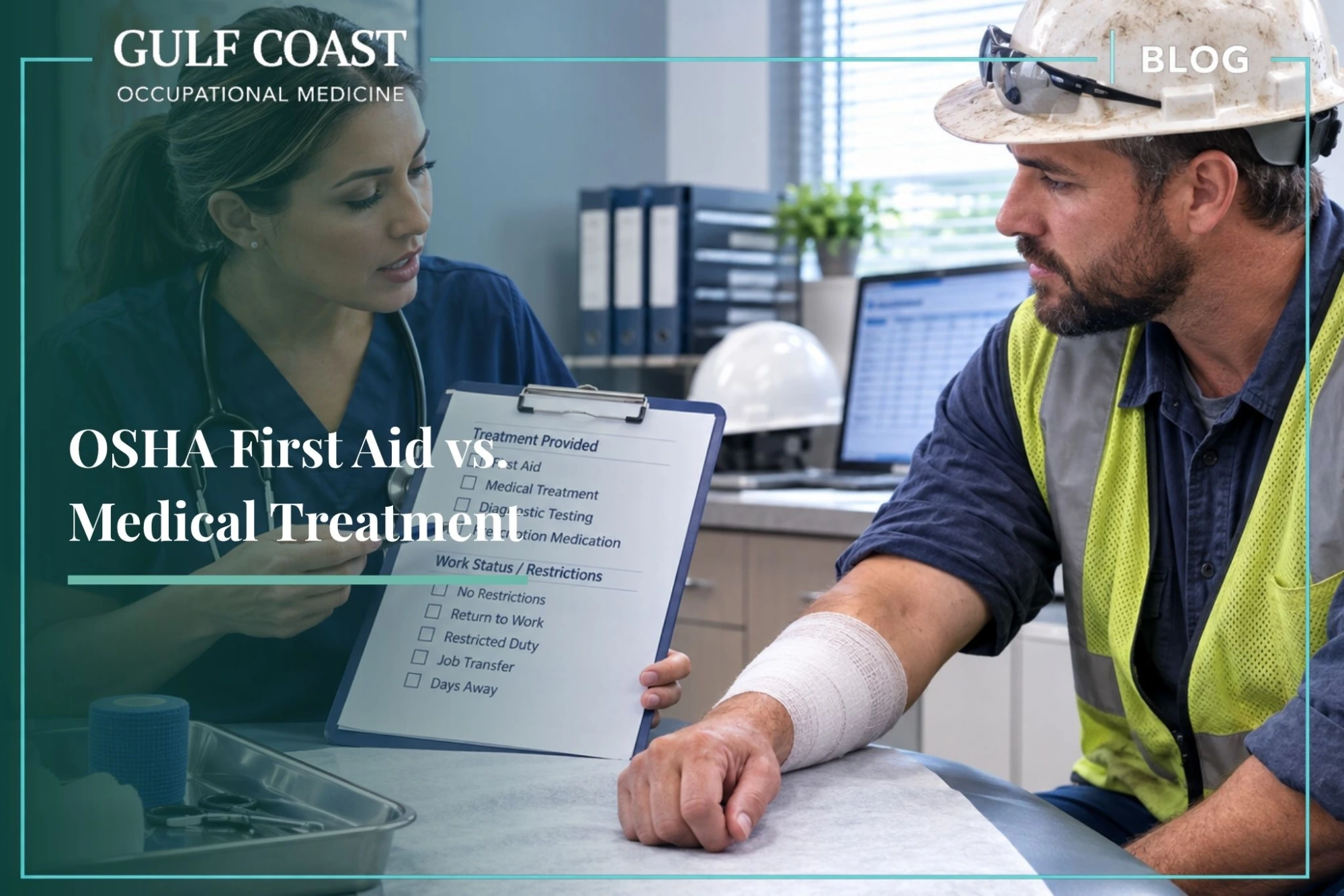 OSHA first aid versus medical treatment infographic comparing common workplace injury treatments and their OSHA recordkeeping classifications under Part 1904.