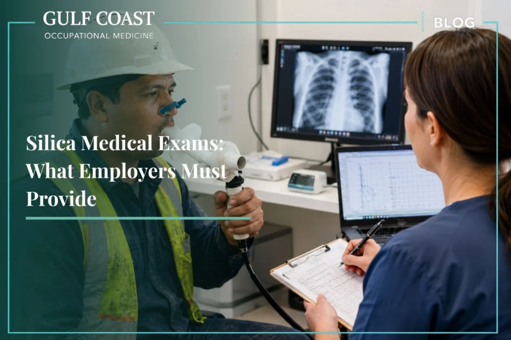 Industrial worker completing a pulmonary function test during a silica medical exam while an occupational health professional reviews respiratory results and chest X-ray imaging.