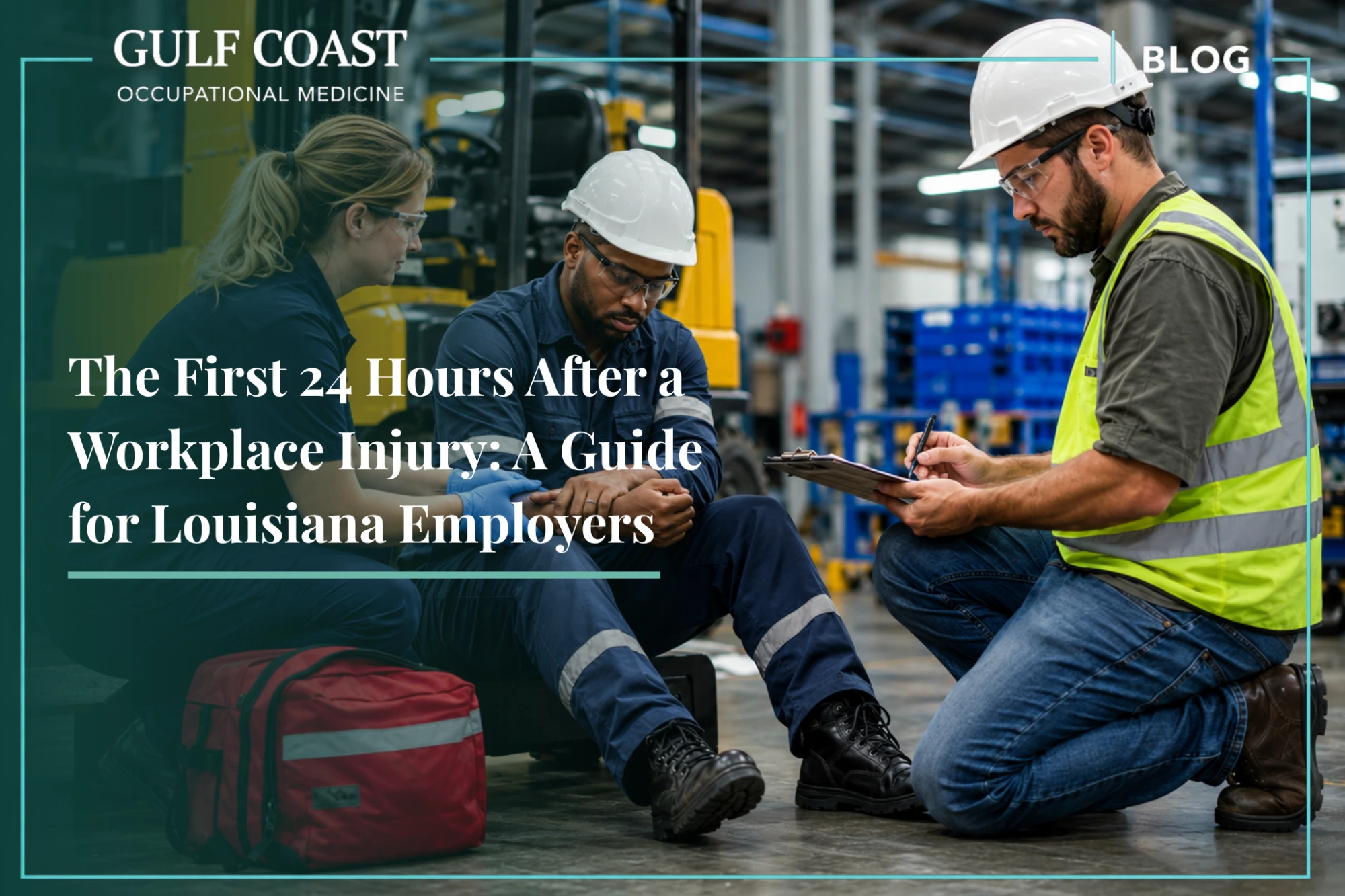 Medical responder assists an injured warehouse worker while a safety supervisor documents the workplace injury in an industrial facility.