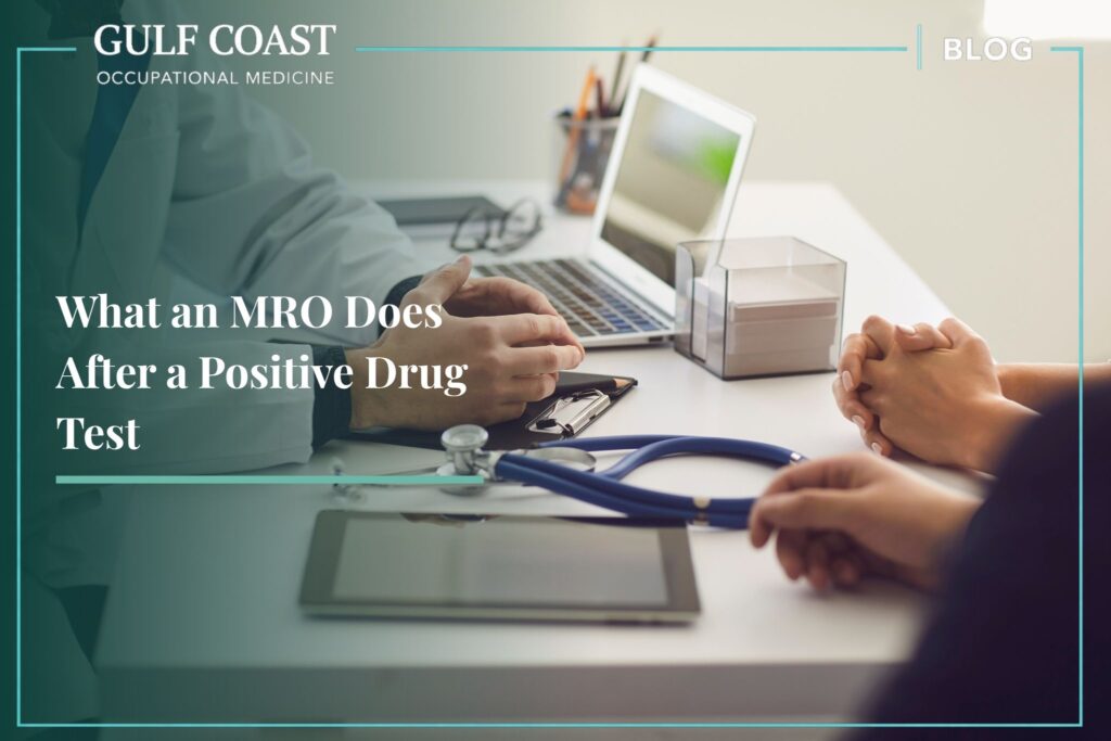 Medical Review Officer discussing drug test results with an employee during a confidential positive drug test review in a clinical office.