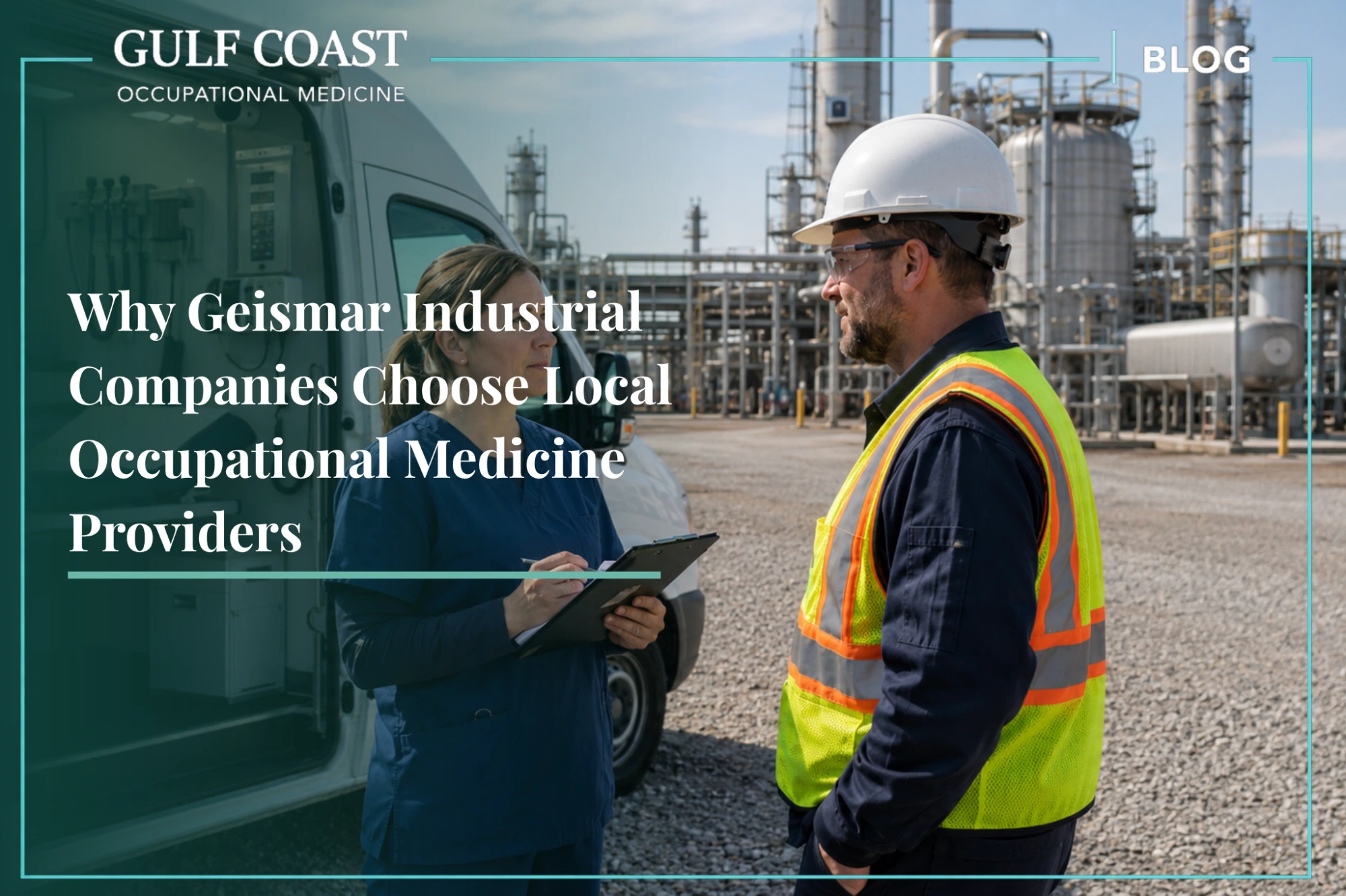 Occupational medicine provider consulting with an industrial worker beside a mobile clinic at a Geismar chemical plant.