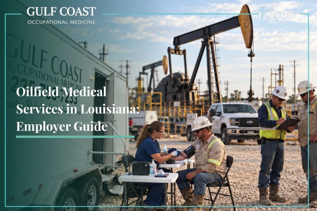 Gulf Coast Occupational Medicine mobile clinic providing an on-site health screening for oilfield workers at a Louisiana industrial worksite.