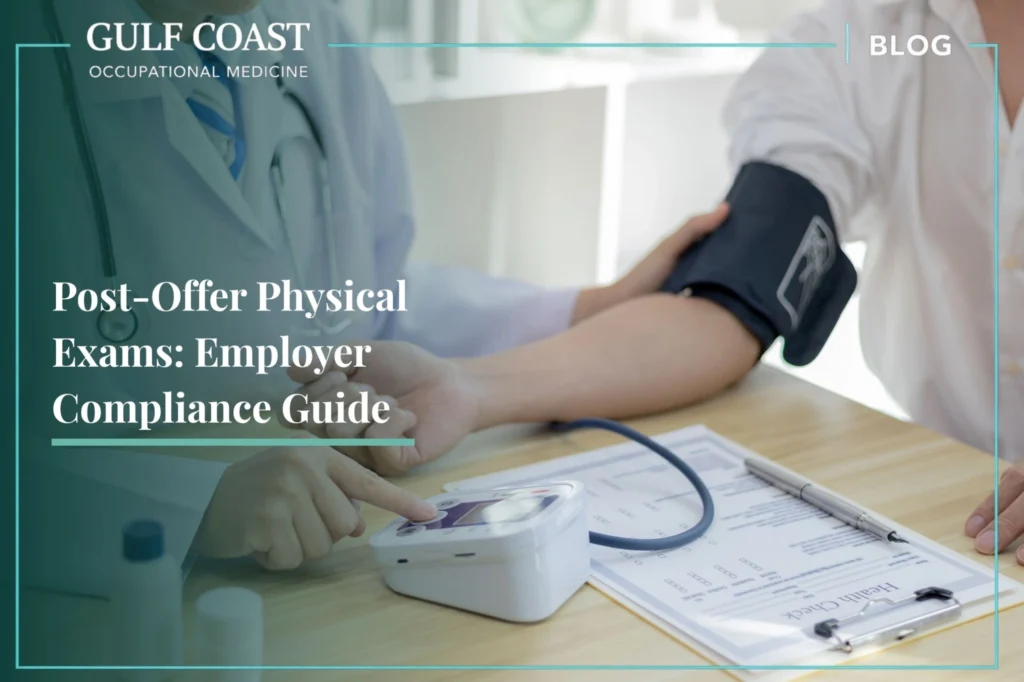 Healthcare professional measuring a candidate’s blood pressure during a post-offer physical exam with employment health screening paperwork on the desk.