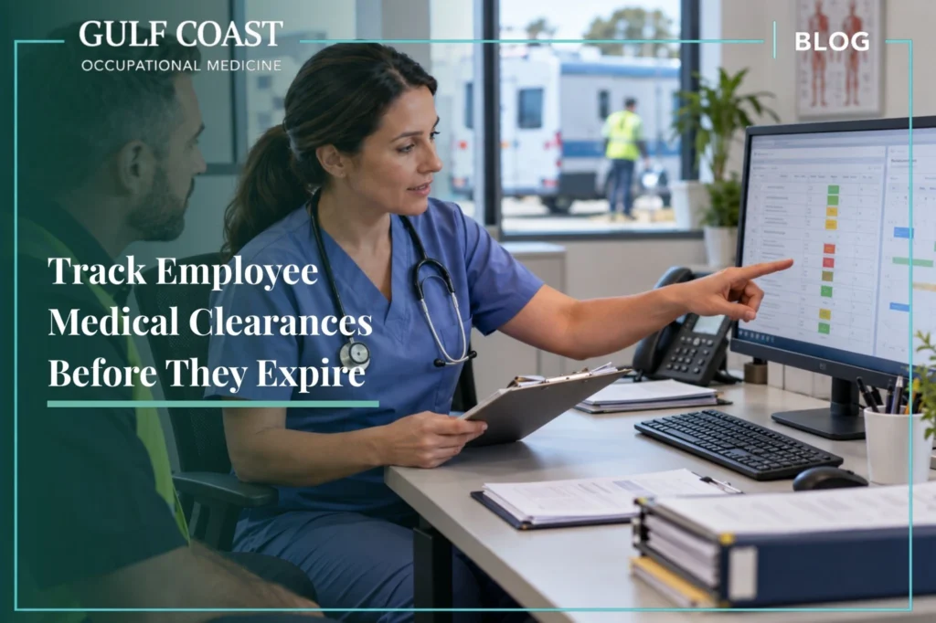 Occupational health professional reviews employee medical clearance tracking and renewal dates with a worker on a compliance dashboard.