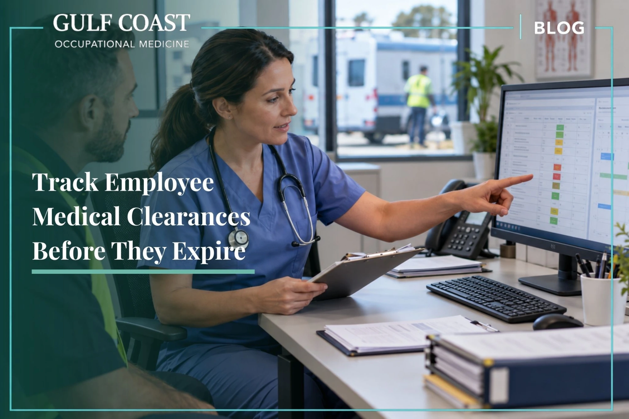 Occupational health professional reviews employee medical clearance tracking and renewal dates with a worker on a compliance dashboard.