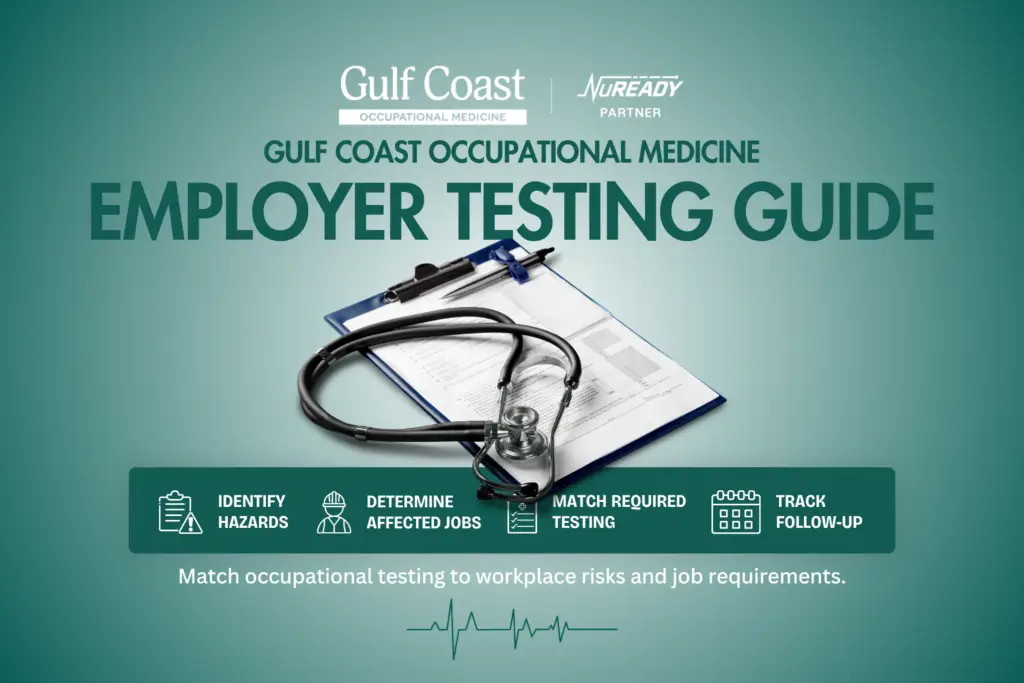 Gulf Coast Occupational Medicine’s Employer Testing Guide featured image showing a stethoscope and medical forms on a clipboard, with icons highlighting hazard identification, affected job roles, required occupational testing, and follow-up tracking.