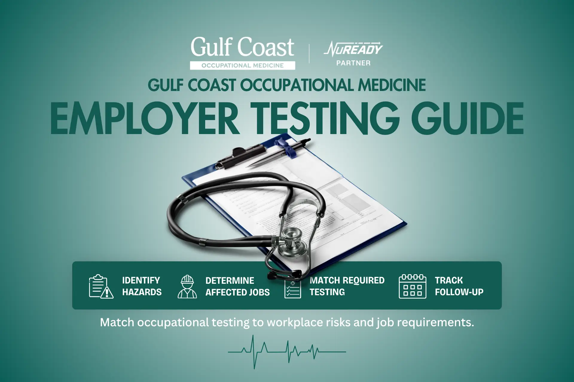 Gulf Coast Occupational Medicine’s Employer Testing Guide featured image showing a stethoscope and medical forms on a clipboard, with icons highlighting hazard identification, affected job roles, required occupational testing, and follow-up tracking.