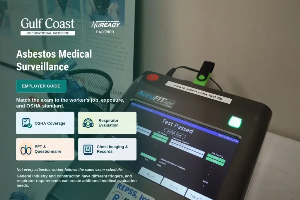 Asbestos medical surveillance employer guide featuring respirator fit testing equipment, OSHA coverage, PFT requirements, chest imaging, and medical records.