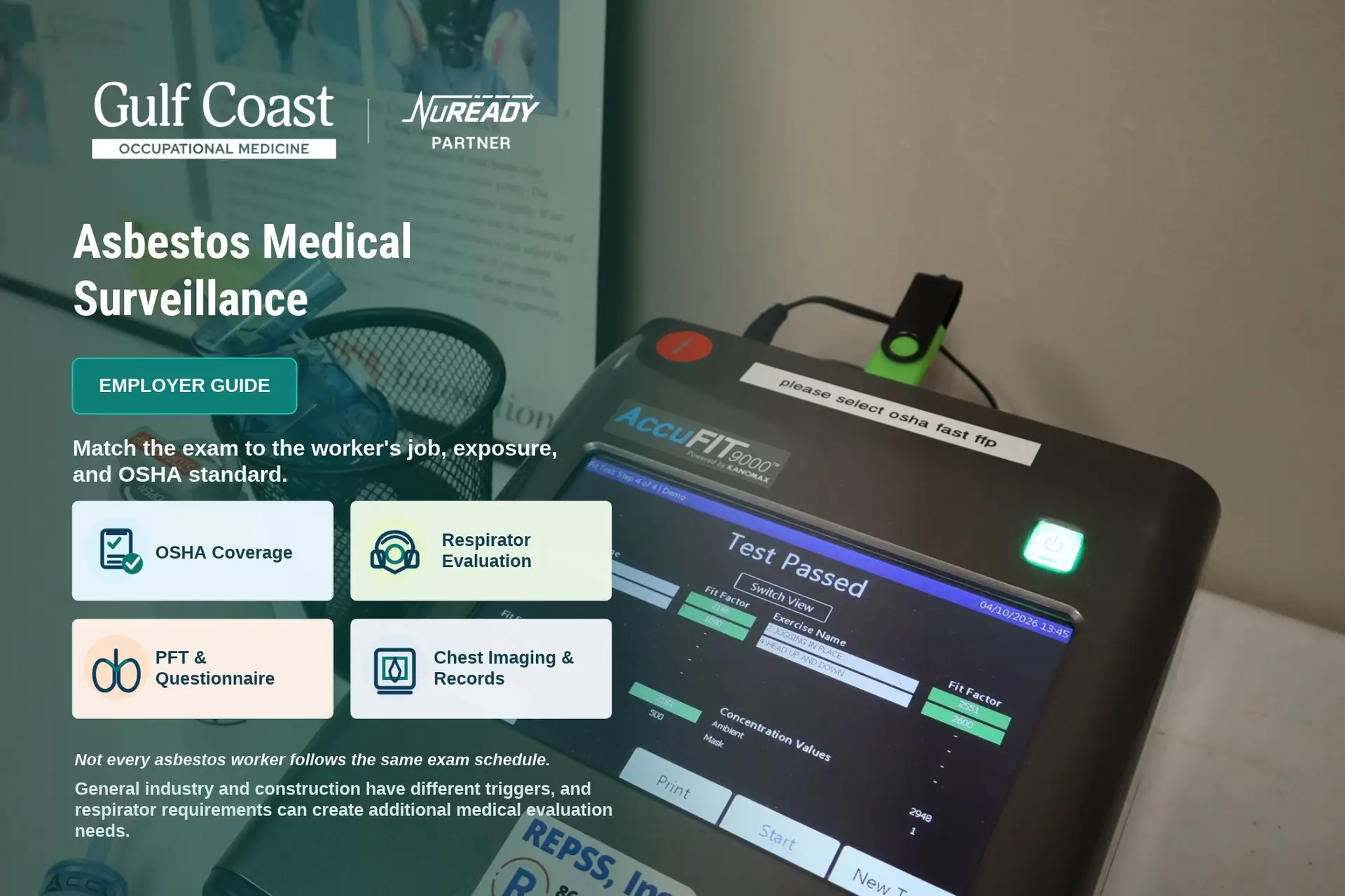 Asbestos medical surveillance employer guide featuring respirator fit testing equipment, OSHA coverage, PFT requirements, chest imaging, and medical records.