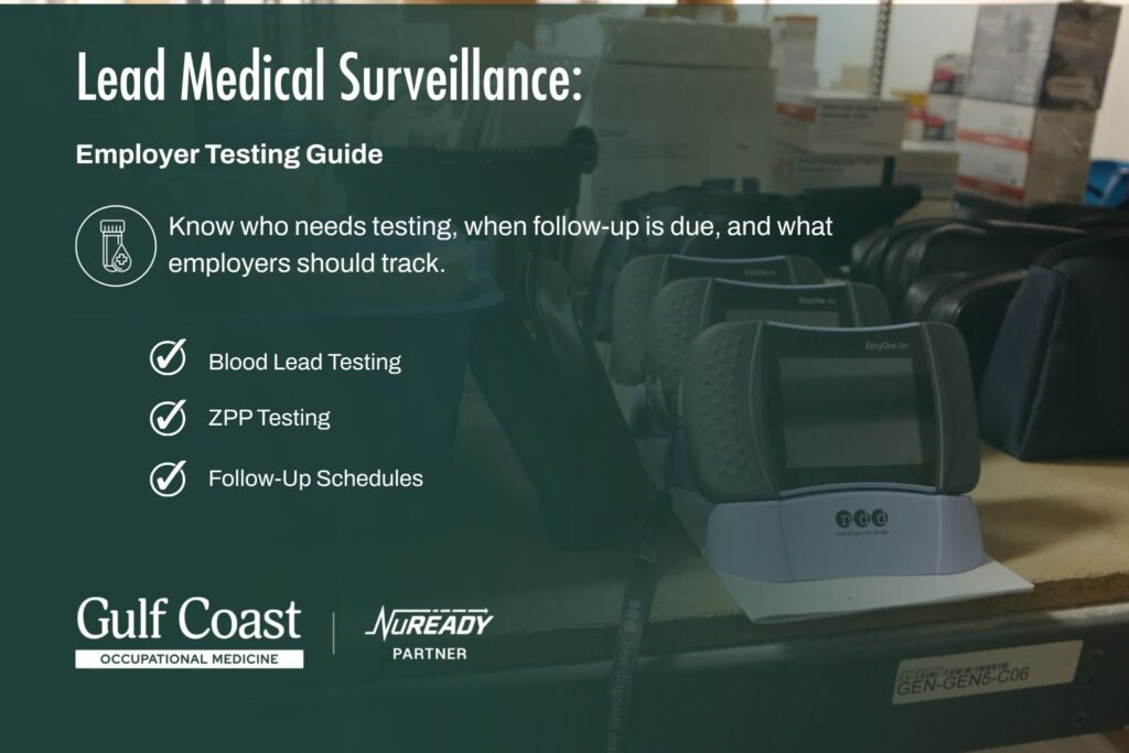 Lead medical surveillance employer testing guide featuring blood lead testing, ZPP testing, follow-up schedules, and occupational health screening equipment.