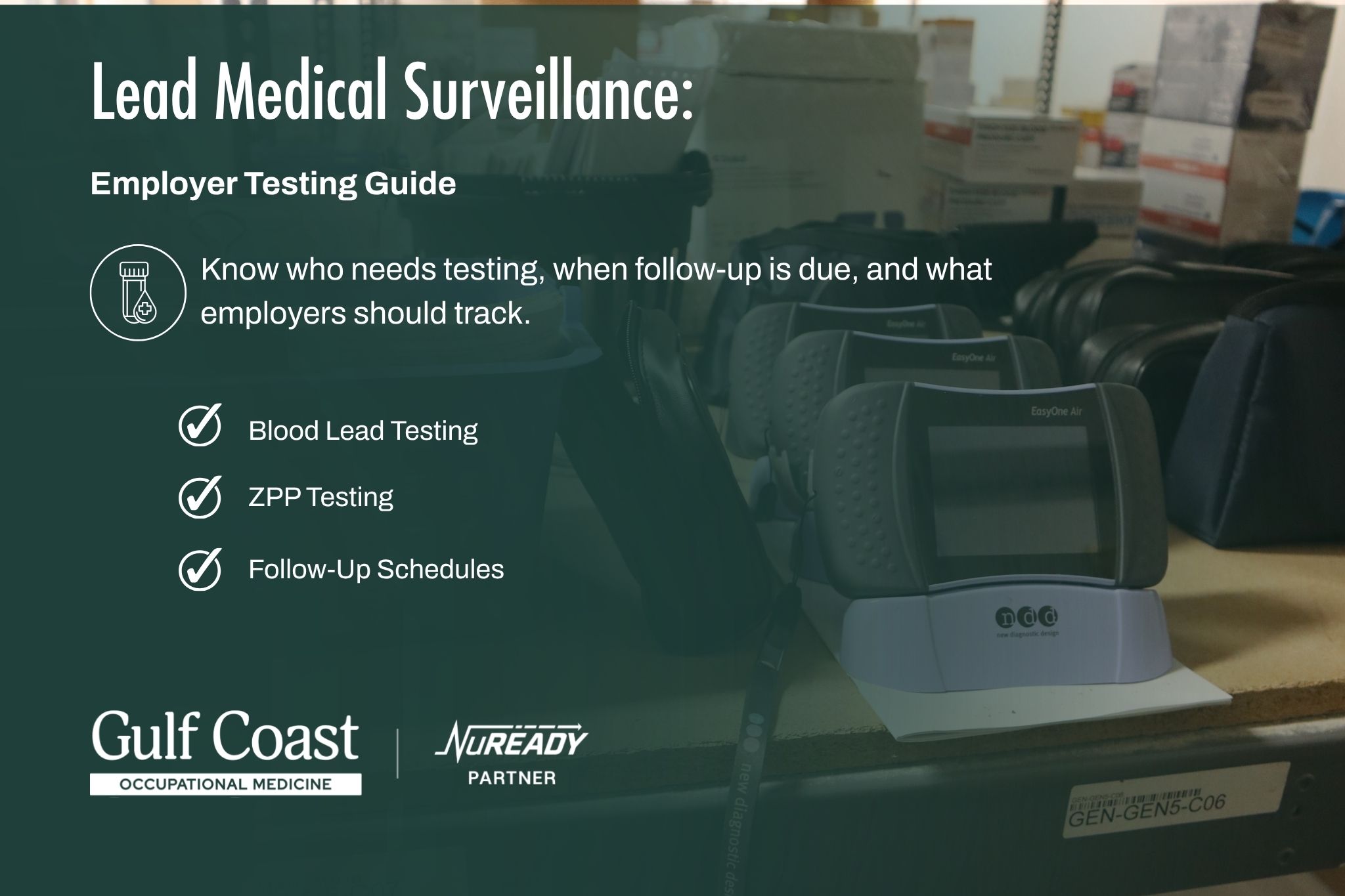 Lead medical surveillance employer testing guide featuring blood lead testing, ZPP testing, follow-up schedules, and occupational health screening equipment.