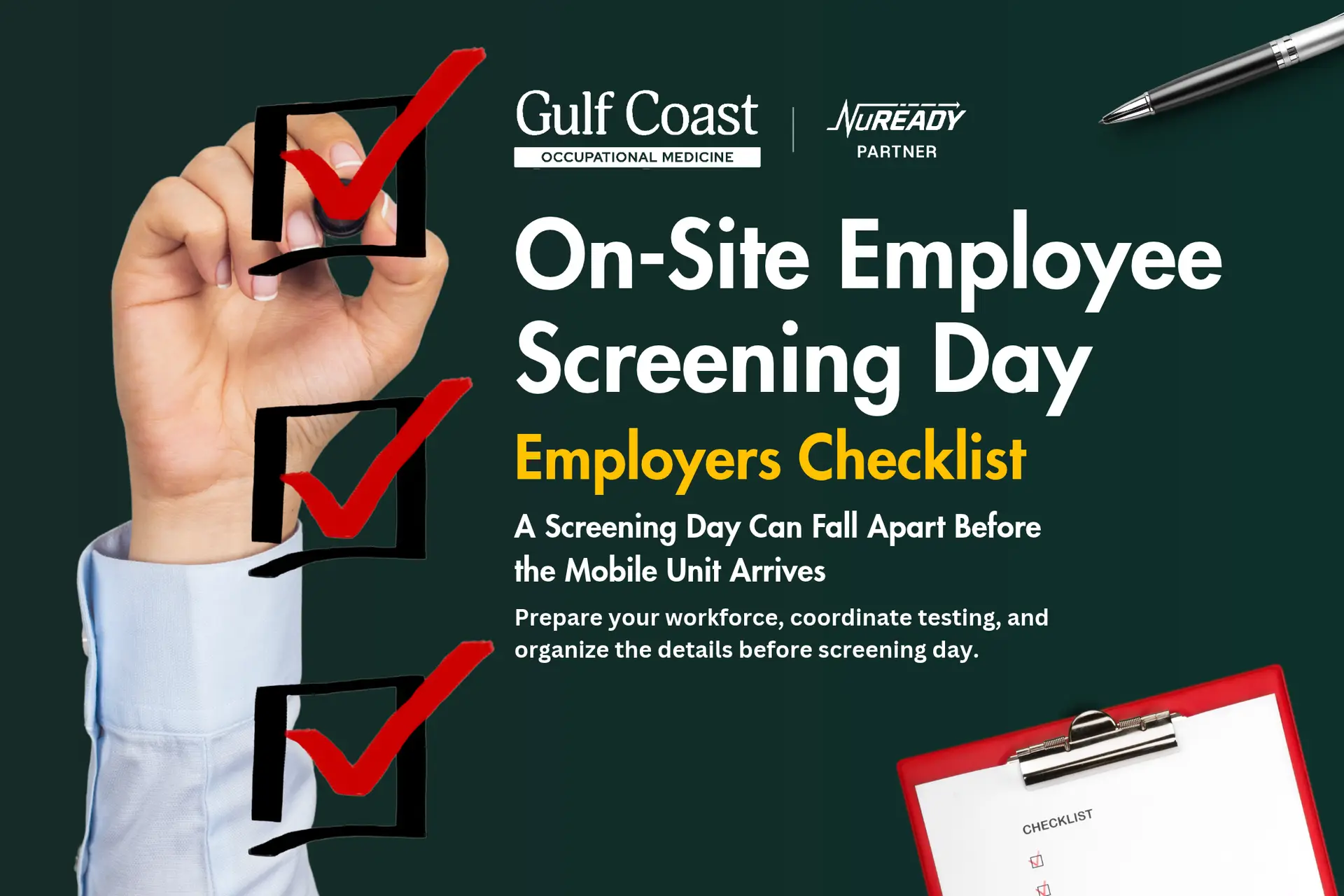 On-site employee screening day checklist for employers, featuring workforce preparation, occupational health testing coordination, and screening schedules for mobile medical services.